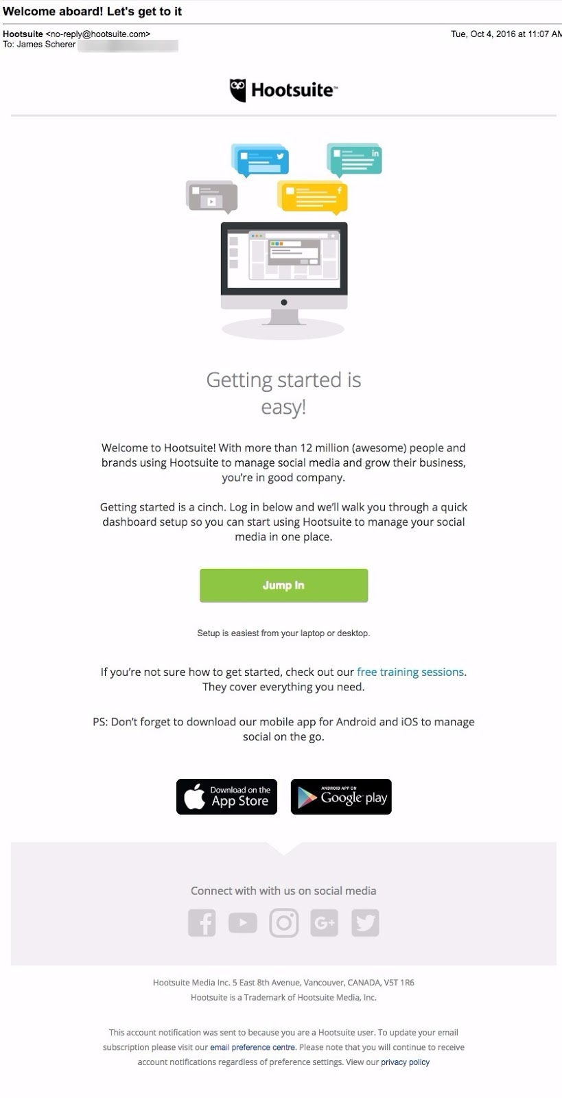 hootsuite welcome email