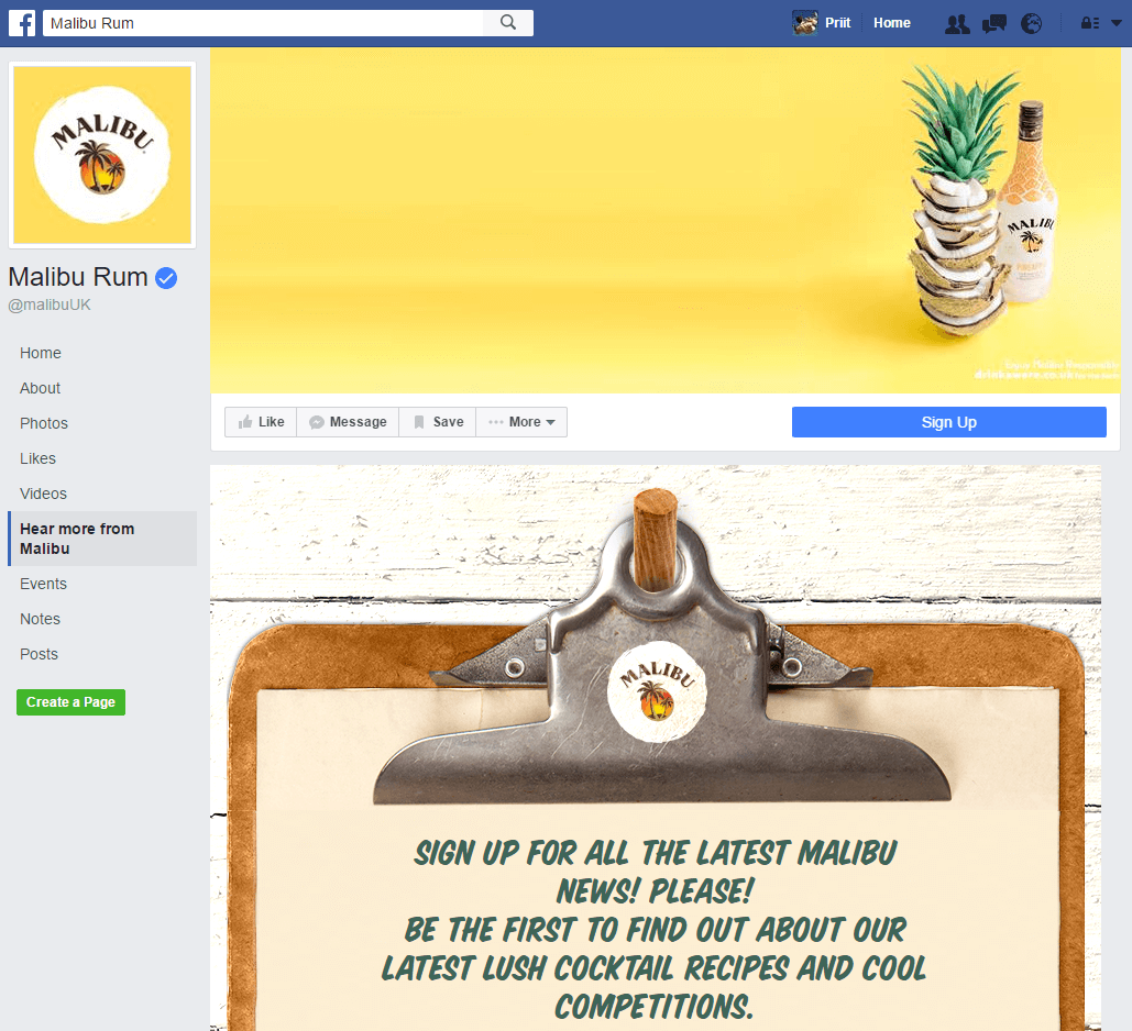 malibu rum facebook landing page