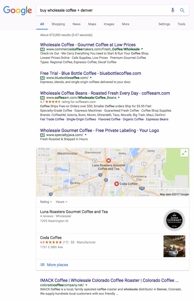 wholesale coffee roaster adwords example